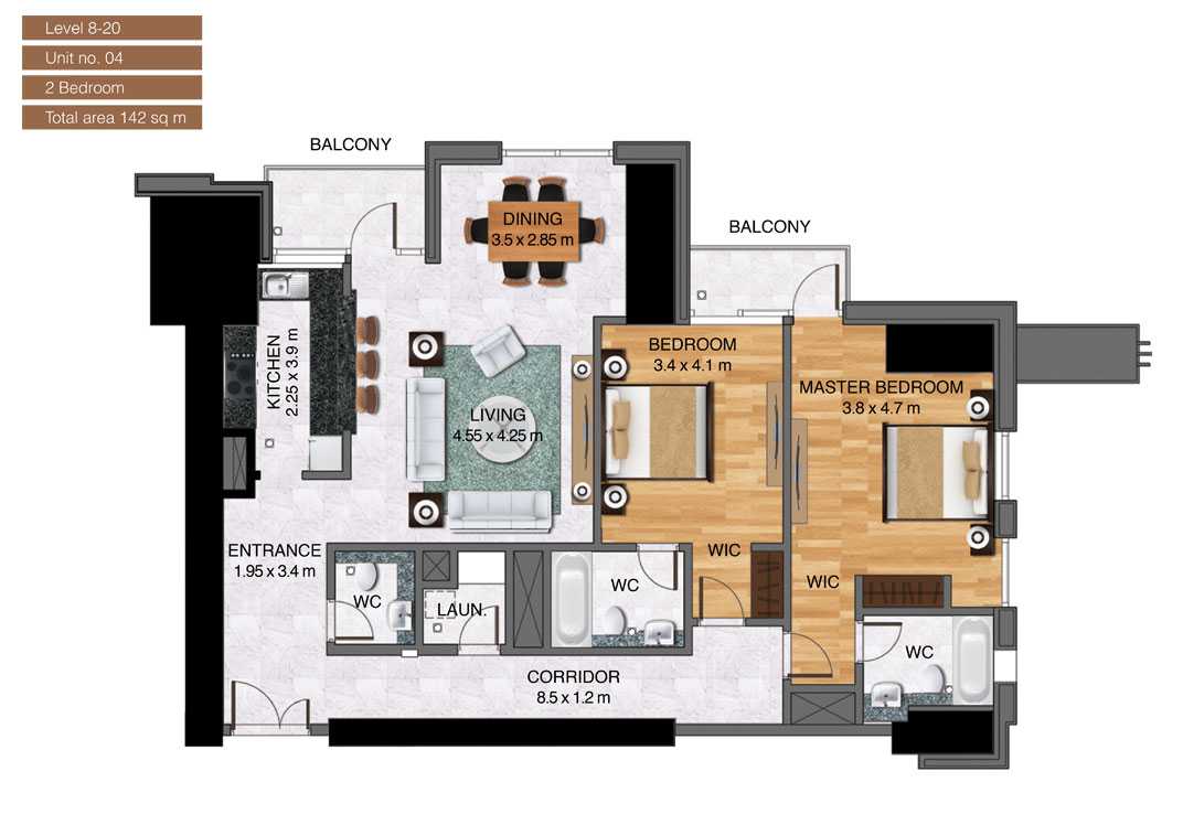 Level-8-20,Unit-no-04-,2-Bedroom-,Size-142-Sq m